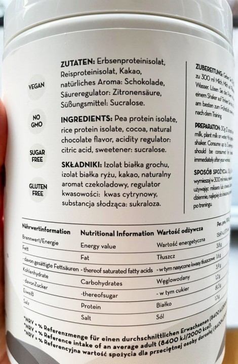 Wegańska odżywka białkowa czekoladowa — składniki